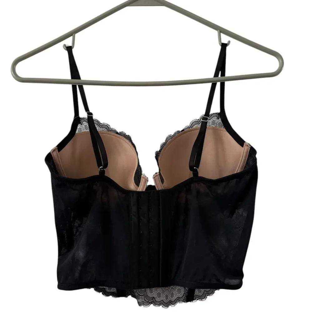NWT Natori 36B Chantilly Lace Black Buff Longline Bustier Mesh Lingerie